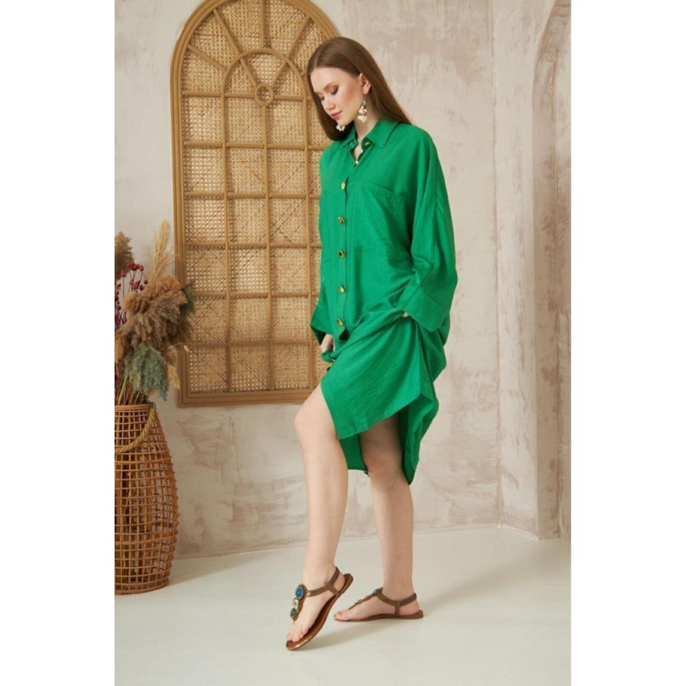 Pasaklı Giyim Pasaklı Giyim Kadın Oversize Yarasa Kol Tesettüre Uygun Gömlek Elbise-Tesettür Tunik Benetton Yeşil - Premium Kadın Giyim