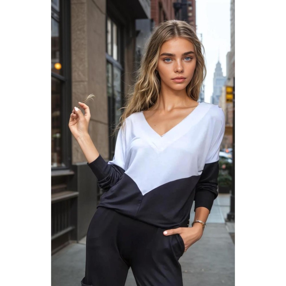 Pasaklı Giyim Pasaklı Giyim Kadın V Yaka Bluz Siyah Beyaz - Premium Kadın Giyim