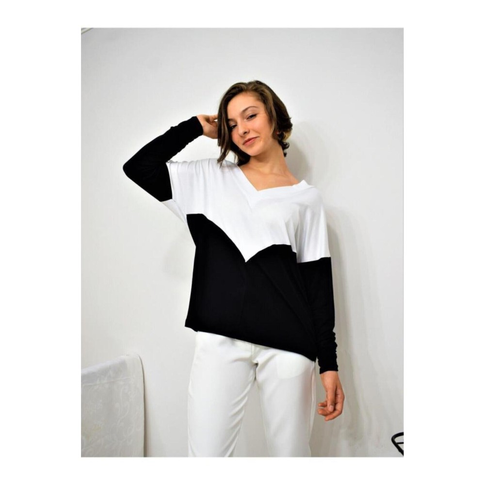 Pasaklı Giyim Pasaklı Giyim Kadın V Yaka Bluz Siyah Beyaz - Premium Kadın Giyim