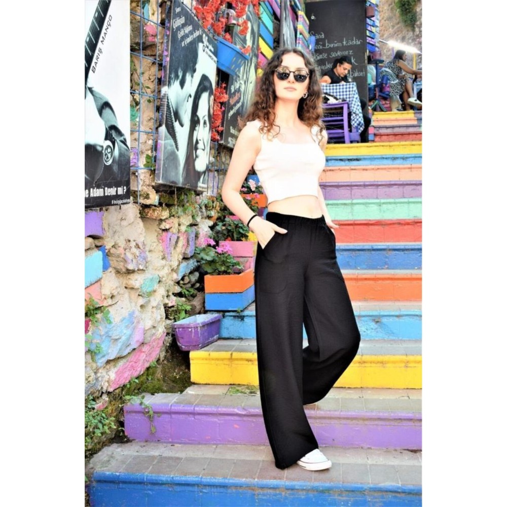 Pasaklı Giyim Pasaklı Giyim Kadın Keten Dokulu Pantolon Siyah - Premium Kadın Giyim