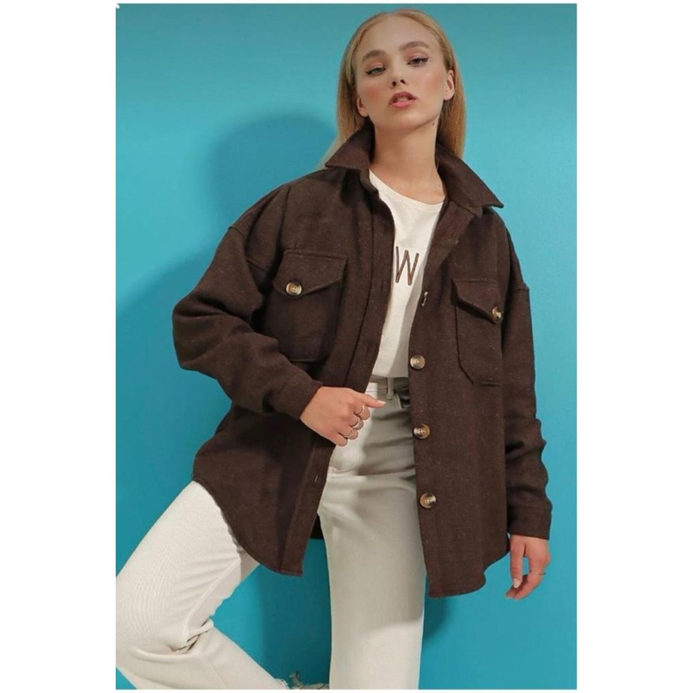 Pasaklı Giyim Pasaklı Giyim Kadın Kaşe Yün Oduncu Gömlek Kahverengi - Premium Kadın Giyim