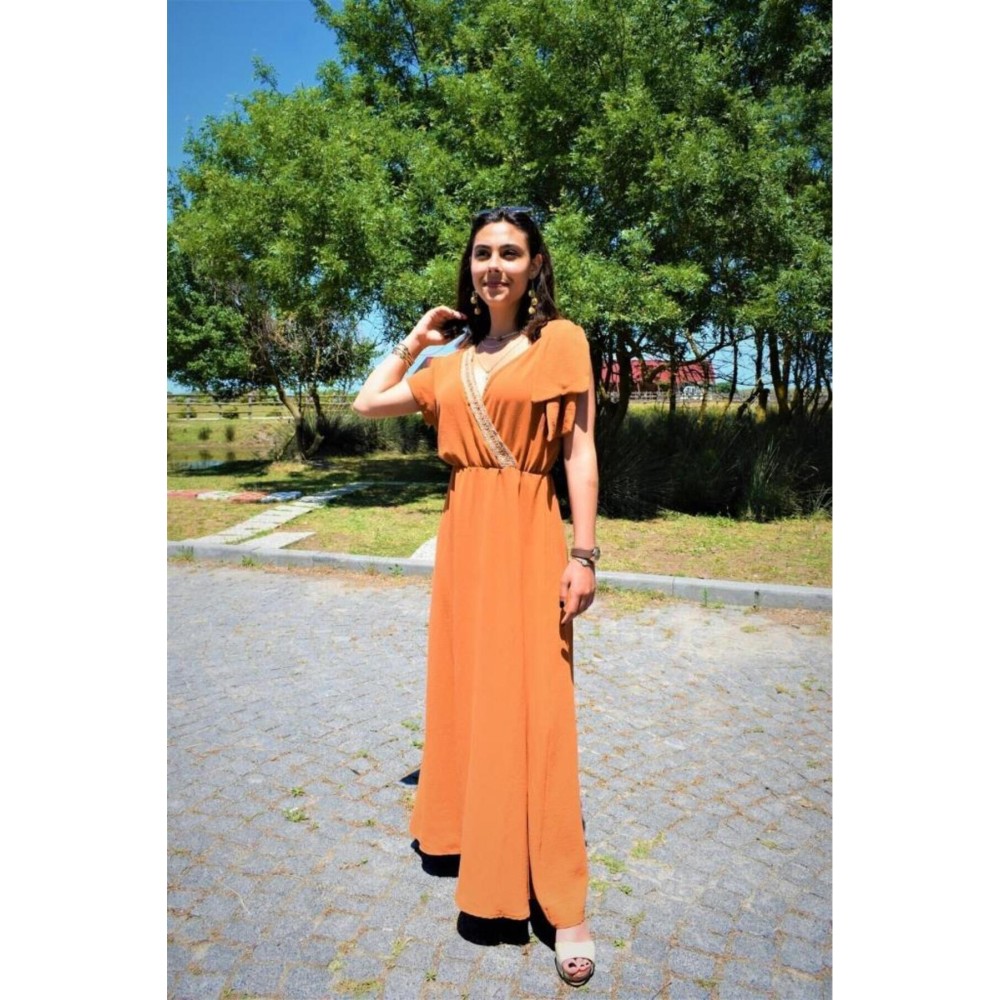 Pasaklı Giyim Pasaklı Giyim Tokalı Hasır Dekolteli Uzun Elbie Bakır - Premium Kadın Giyim