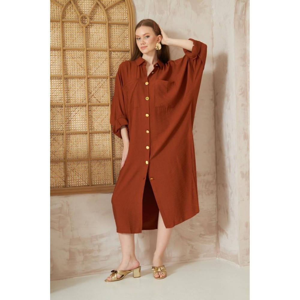 Pasaklı Giyim Pasaklı Giyim Kadın Oversize Yarasa Kol Tesettüre Uygun Gömlek Elbise-Tesettür Tunik Kiremit - Premium Kadın Giyim