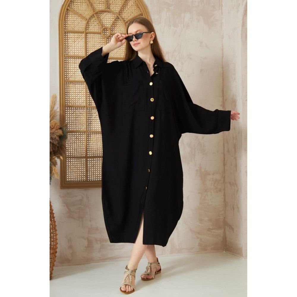 Pasaklı Giyim Pasaklı Giyim Kadın Oversize Yarasa Kol Tesettüre Uygun Gömlek Elbise-Tesettür Tunik Siyah - Premium Kadın Giyim