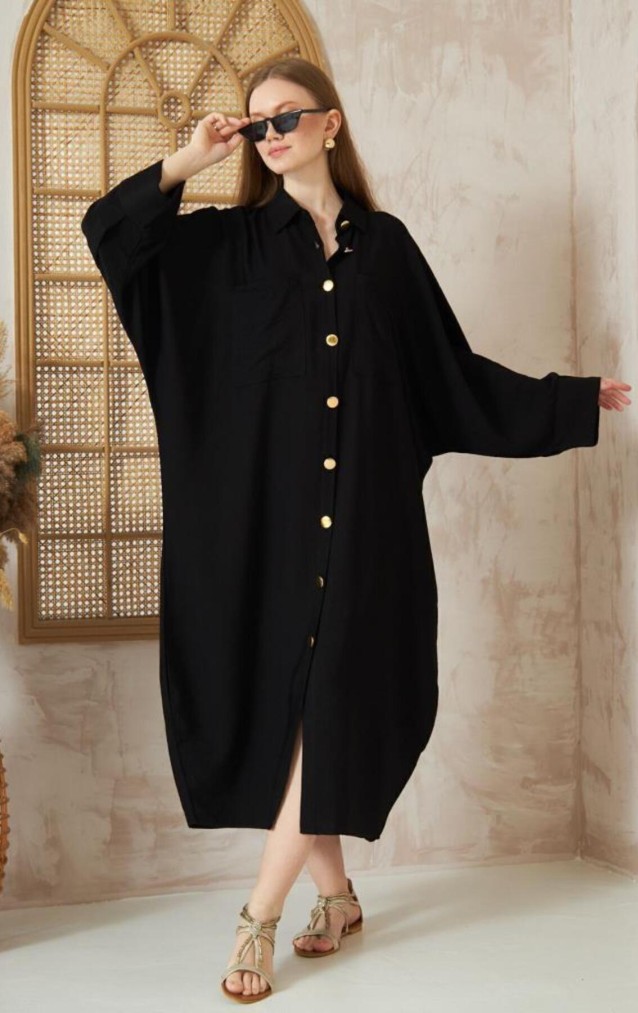 Pasaklı Giyim Kadın Oversize Yarasa Kol Tesettüre Uygun Gömlek Elbise-Tesettür Tunik 3282528 Siyah