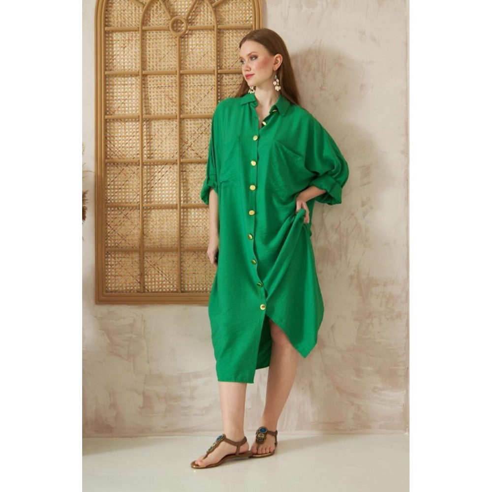 Pasaklı Giyim Pasaklı Giyim Kadın Oversize Yarasa Kol Tesettüre Uygun Gömlek Elbise-Tesettür Tunik Benetton Yeşil - Premium Kadın Giyim