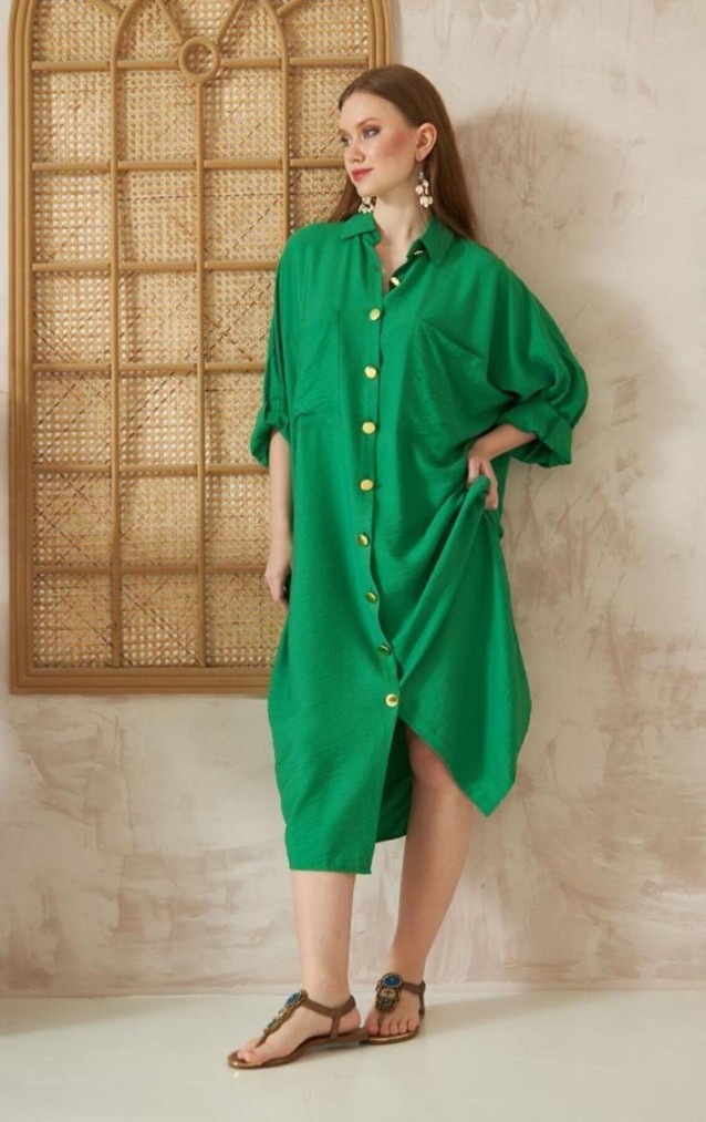 Pasaklı Giyim Kadın Oversize Yarasa Kol Tesettüre Uygun Gömlek Elbise-Tesettür Tunik 3282528 Benetton Yeşil