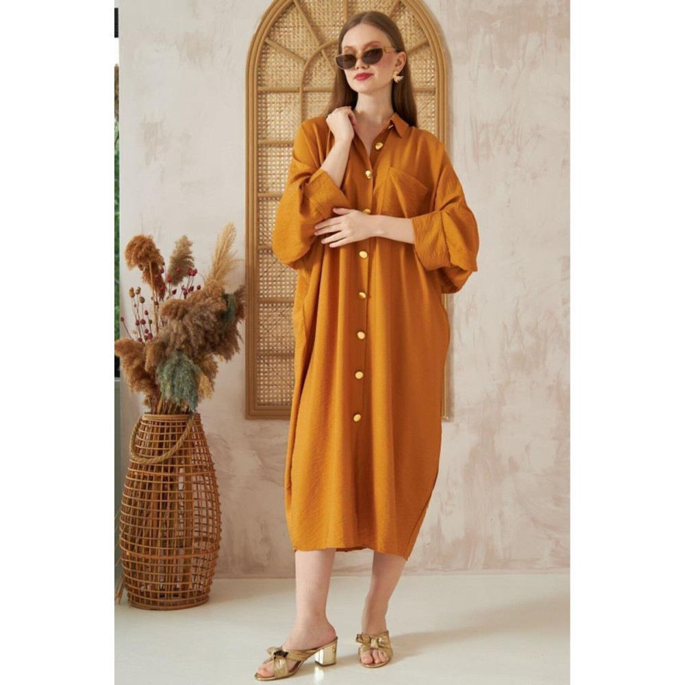 Pasaklı Giyim Pasaklı Giyim Kadın Oversize Yarasa Kol Tesettüre Uygun Gömlek Elbise-Tesettür Tunik Hardal - Premium Kadın Giyim