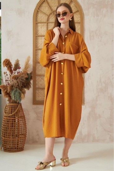 Pasaklı Giyim Kadın Oversize Yarasa Kol Tesettüre Uygun Gömlek Elbise-Tesettür Tunik 3282528 Hardal
