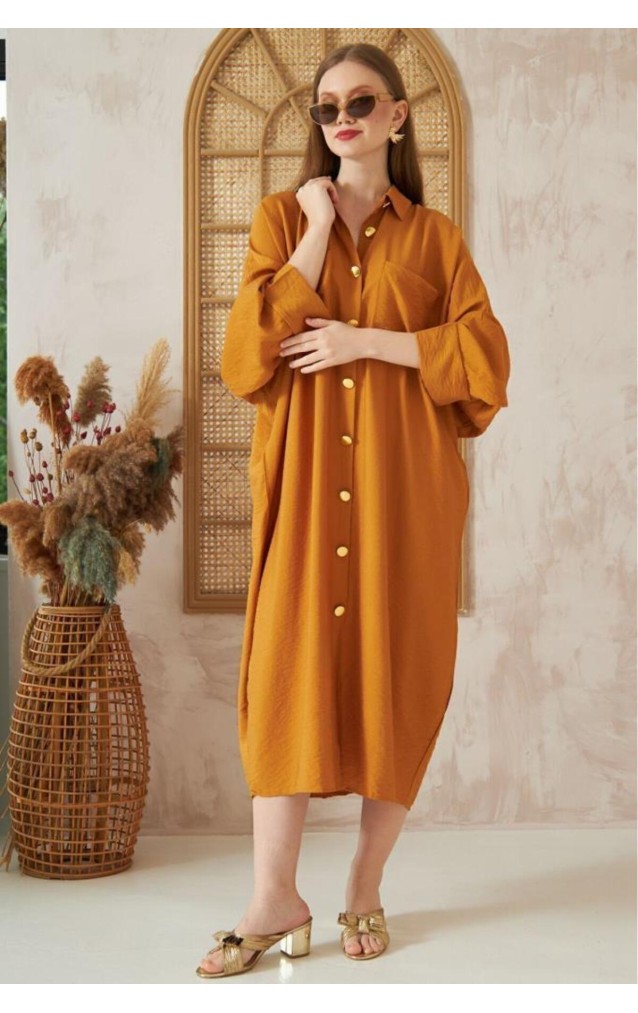 Pasaklı Giyim Kadın Oversize Yarasa Kol Tesettüre Uygun Gömlek Elbise-Tesettür Tunik 3282528 Hardal
