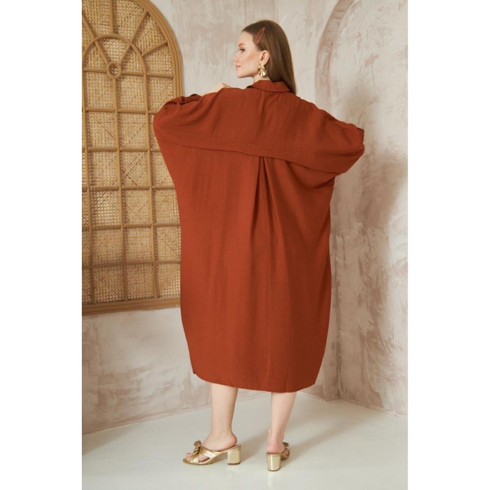 Pasaklı Giyim Pasaklı Giyim Kadın Oversize Yarasa Kol Tesettüre Uygun Gömlek Elbise-Tesettür Tunik Kiremit - Premium Kadın Giyim