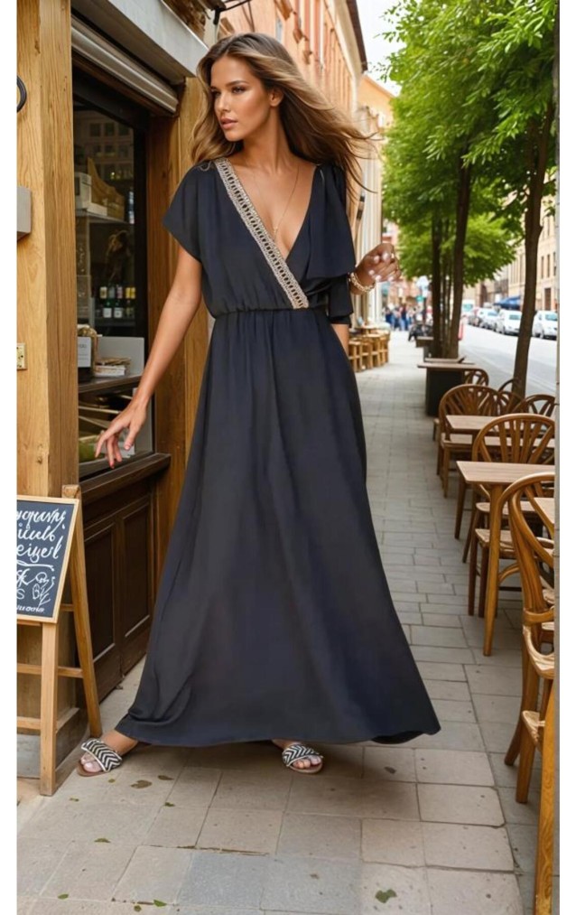 Pasaklı Giyim Tokalı Hasır Dekolteli Uzun Elbise 3127400 Siyah