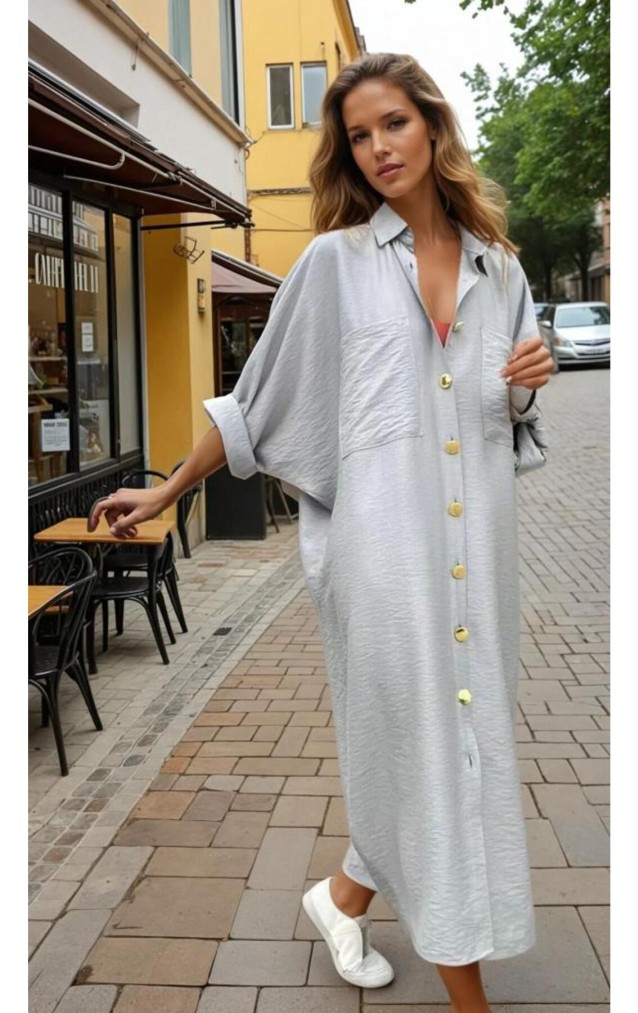 Pasaklı Giyim Kadın Oversize Yarasa Kol Tesettüre Uygun Gömlek Elbise-Tesettür Tunik 3282528 Gri