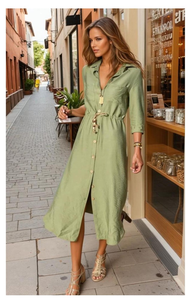 Pasaklı Giyim Kadın Hasır Kemerli Gömlek Elbise 2837451 Haki