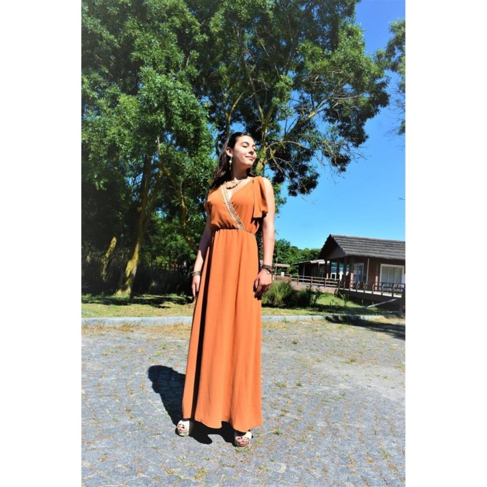 Pasaklı Giyim Pasaklı Giyim Tokalı Hasır Dekolteli Uzun Elbie Bakır - Premium Kadın Giyim