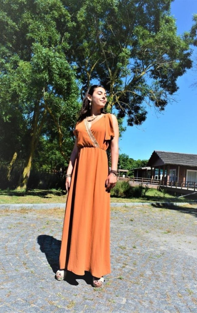 Pasaklı Giyim Tokalı Hasır Dekolteli Uzun Elbise 3127400 Bakır