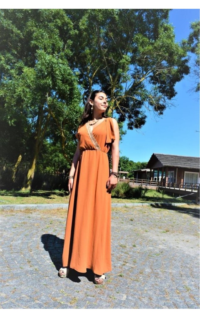 Pasaklı Giyim Tokalı Hasır Dekolteli Uzun Elbise 3127400 Bakır