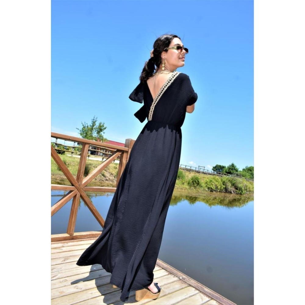 Pasaklı Giyim Pasaklı Giyim Tokalı Hasır Dekolteli Uzun Elbie Siyah - Premium Kadın Giyim
