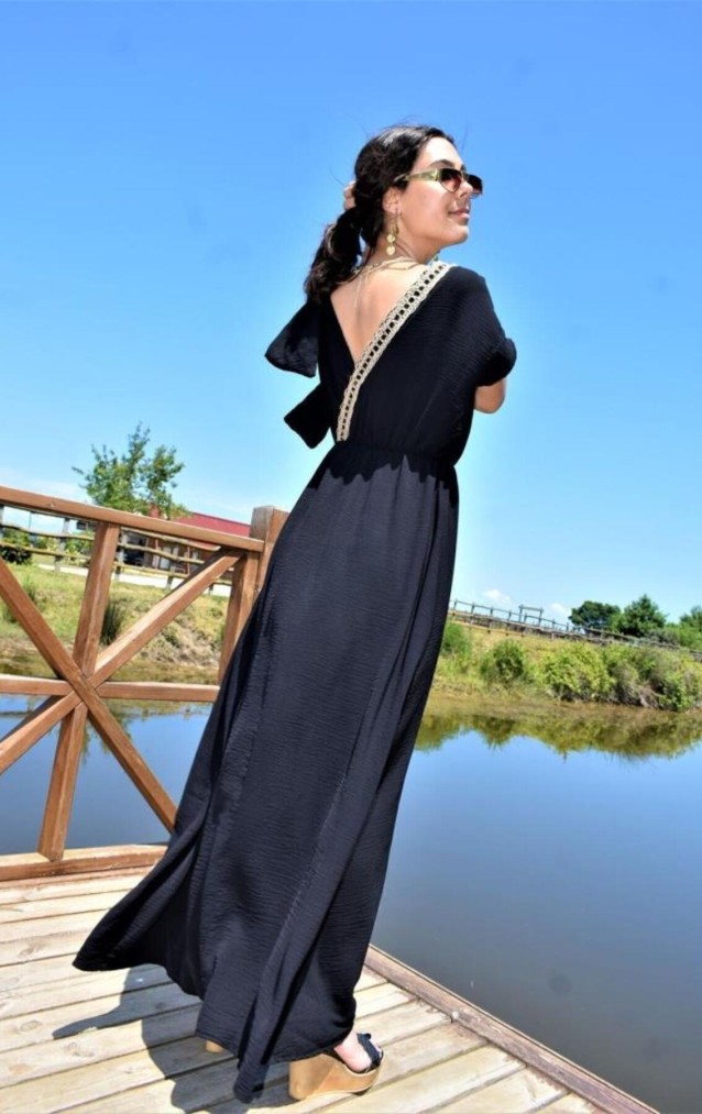 Pasaklı Giyim Tokalı Hasır Dekolteli Uzun Elbise 3127400 Siyah