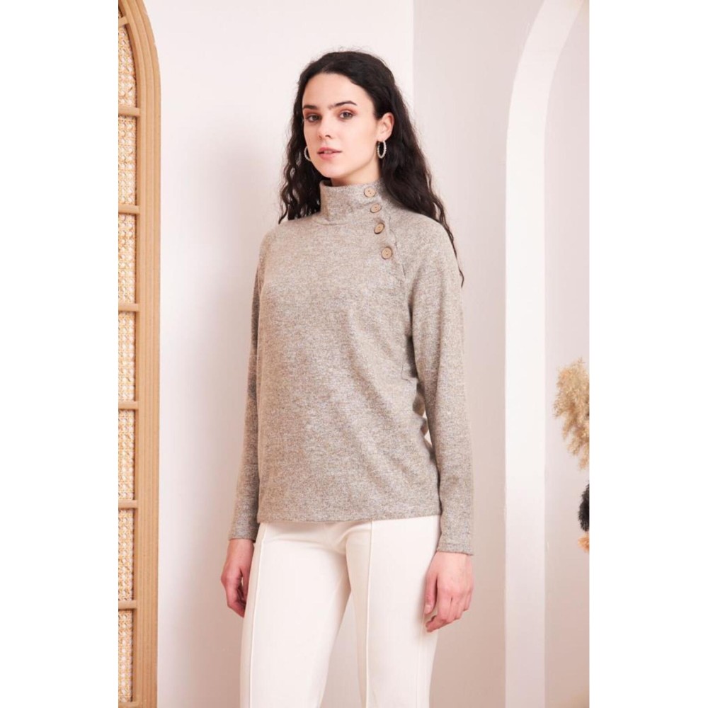 Pasaklı Giyim Pasaklı Giyim Kadın Balıkçı Yaka Düğmeli Yumoş Yün Kazak Pudra - Premium Kadın Giyim