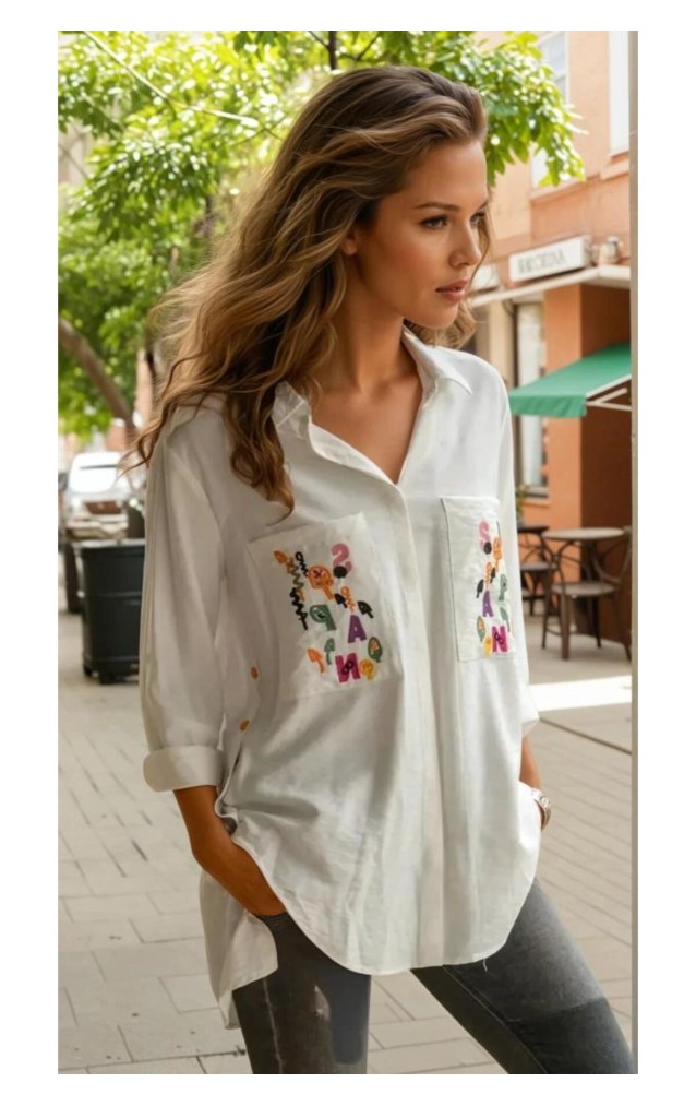 Pasaklı Giyim Kadın Premium Keten Harf Nakış Işlemeli Yanları Düğme Arkası Oval Gömlek 6111410