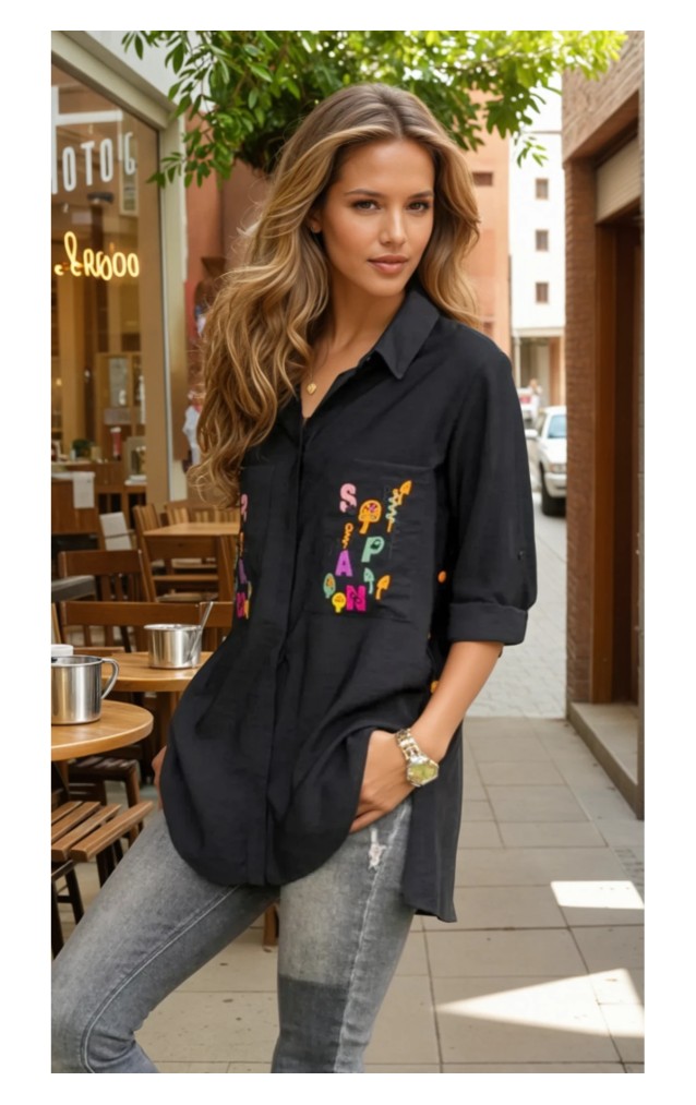 Pasaklı Giyim Kadın Premium Keten Harf Nakış Işlemeli Yanları Düğme Arkası Oval Gömlek Siyah 6111410