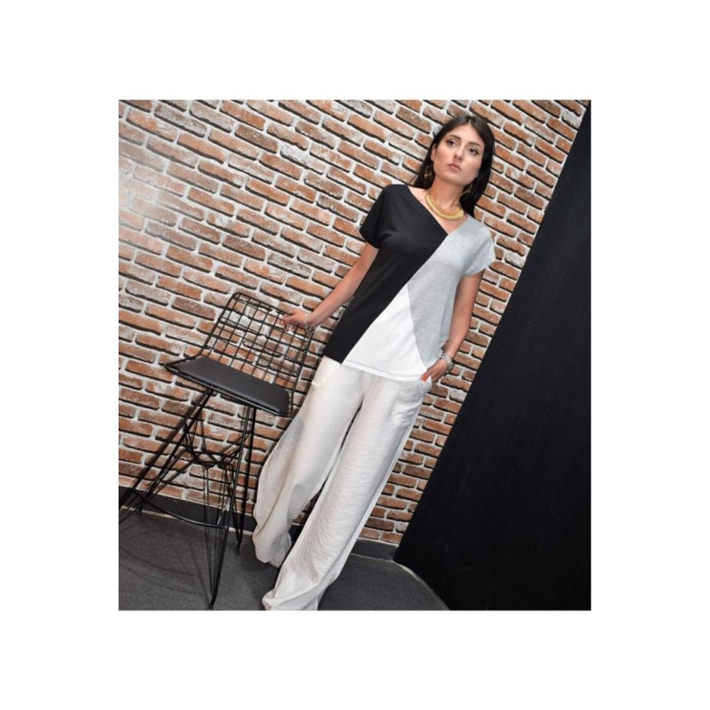 Pasaklı Giyim Pasaklı Giyim Kadın Renk Bloklu Kısa Kollu Salaş Penye T-shirt Siyah Beyaz - Premium Kadın Giyim