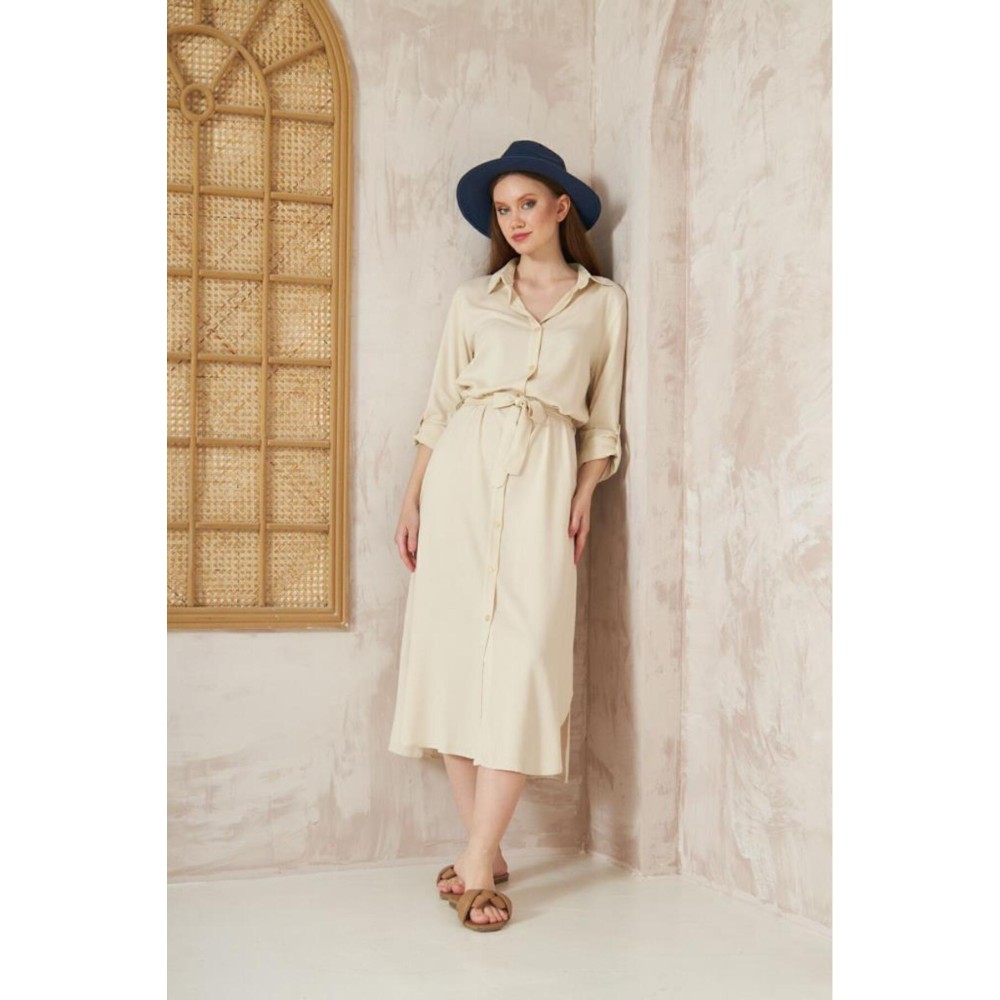 Pasaklı Giyim Pasaklı Giyim Kadın %100 Viskon Tam Boy Gömlek Elbise -1490363 Taş - Premium Kadın Giyim