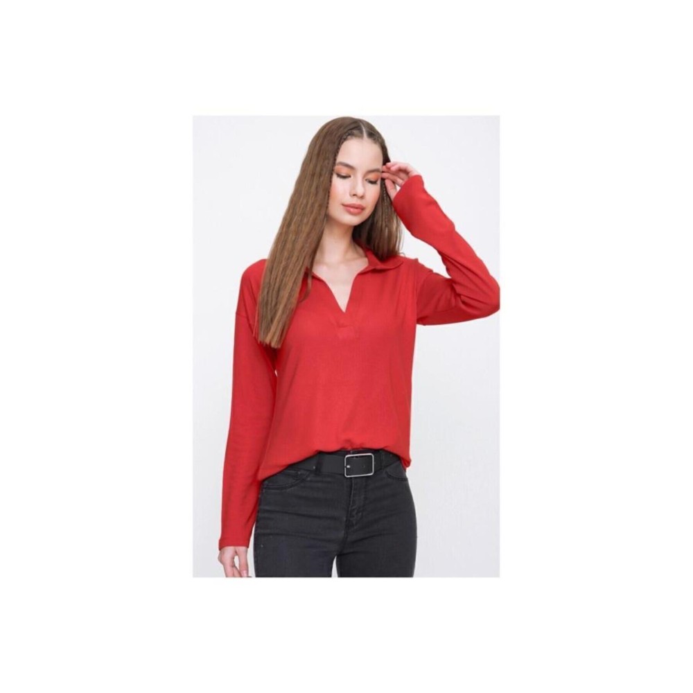 Pasaklı Giyim Pasaklı Giyim Kadın Polo Yaka Keten Bluz Kırmızı - Premium Kadın Giyim