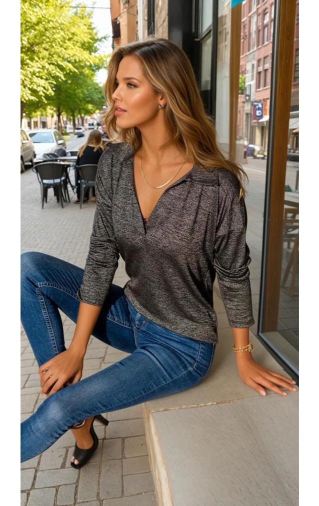 Pasaklı Giyim Kadın Polo Yaka Keten Bluz 2749 Antrasit