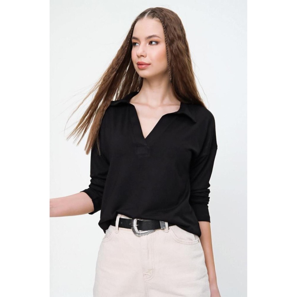 Pasaklı Giyim Pasaklı Giyim Kadın Polo Yaka Keten Bluz Siyah - Premium Kadın Giyim