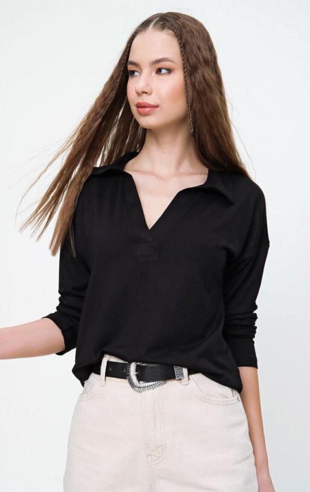 Pasaklı Giyim Kadın Polo Yaka Keten Bluz 2749 Siyah