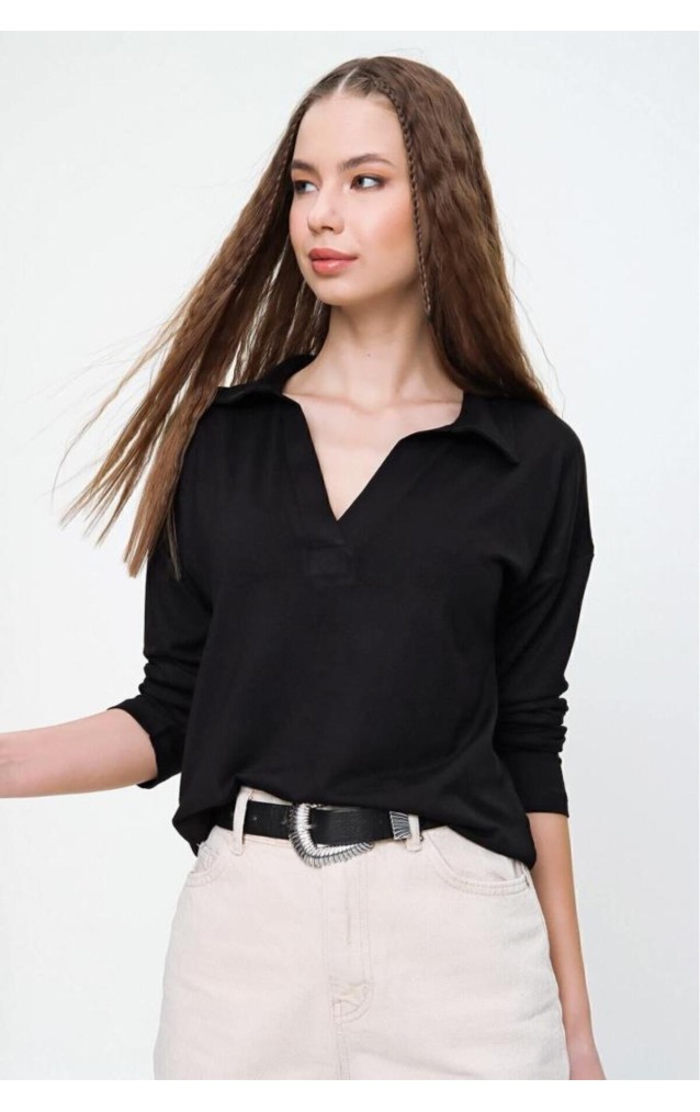 Pasaklı Giyim Kadın Polo Yaka Keten Bluz 2749 Siyah