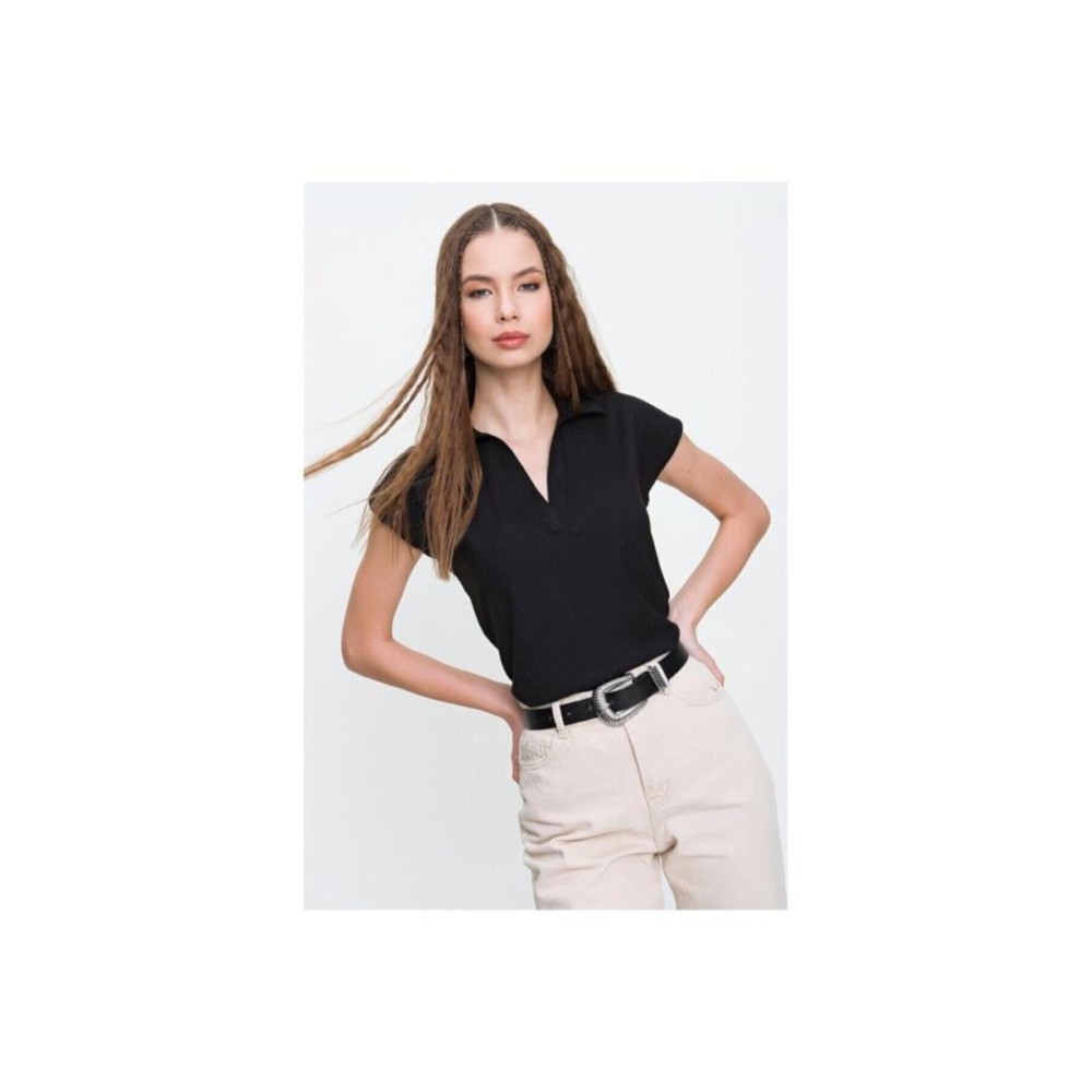 Pasaklı Giyim Pasaklı Giyim Kadın Kaşkorse Viskon Polo Yaka T-shirt Siyah - Premium Kadın Giyim