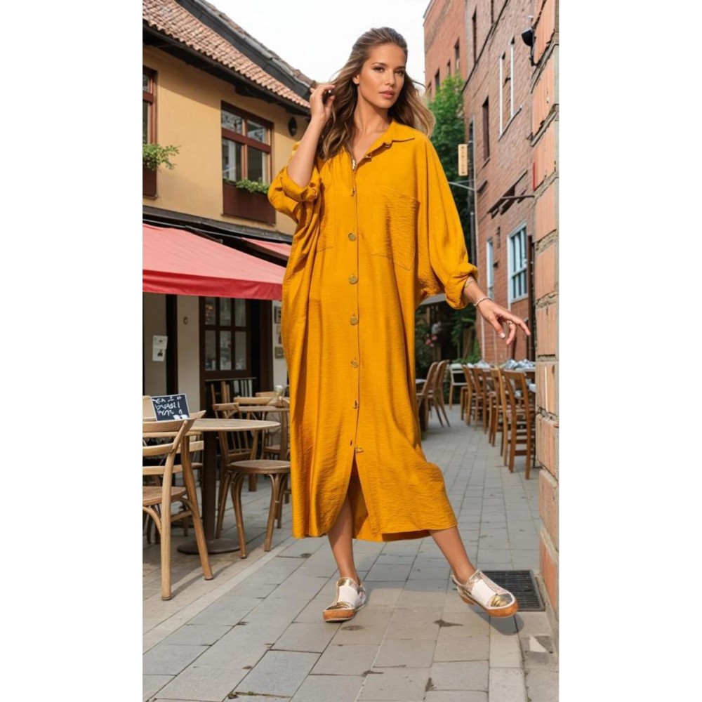 Pasaklı Giyim Pasaklı Giyim Kadın Oversize Yarasa Kol Tesettüre Uygun Gömlek Elbise-Tesettür Tunik Hardal - Premium Kadın Giyim