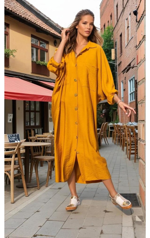 Pasaklı Giyim Kadın Oversize Yarasa Kol Tesettüre Uygun Gömlek Elbise-Tesettür Tunik 3282528 Hardal