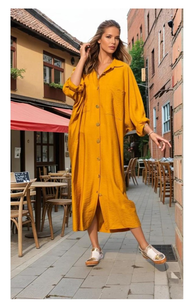 Pasaklı Giyim Kadın Oversize Yarasa Kol Tesettüre Uygun Gömlek Elbise-Tesettür Tunik 3282528 Hardal