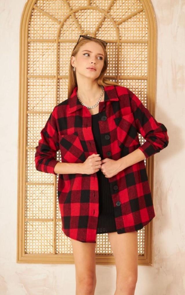 Pasaklı Giyim Kadın Kaşe Ekose Oduncu Gömlek 3539363 Kırmızı