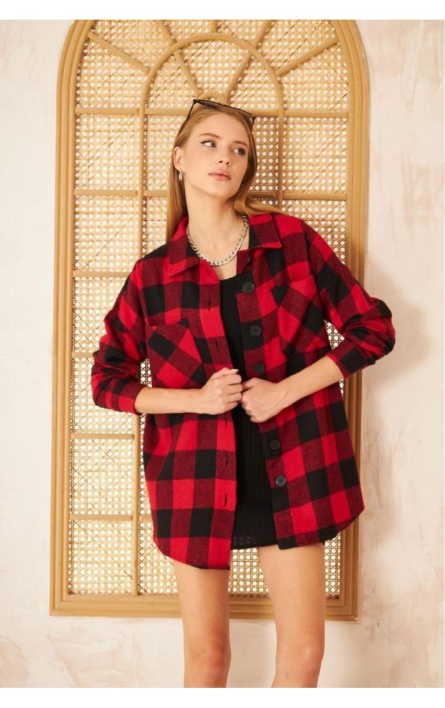 Pasaklı Giyim Kadın Kaşe Ekose Oduncu Gömlek 3539363 Kırmızı