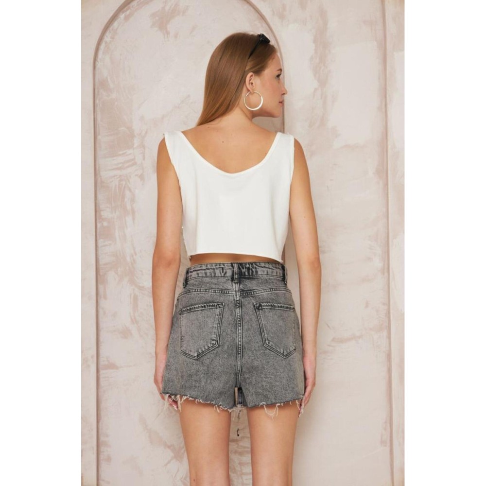 Pasaklı Giyim Pasaklı Giyim Kadın Pullu Payet Crop Bluz Ekru - Premium Kadın Giyim