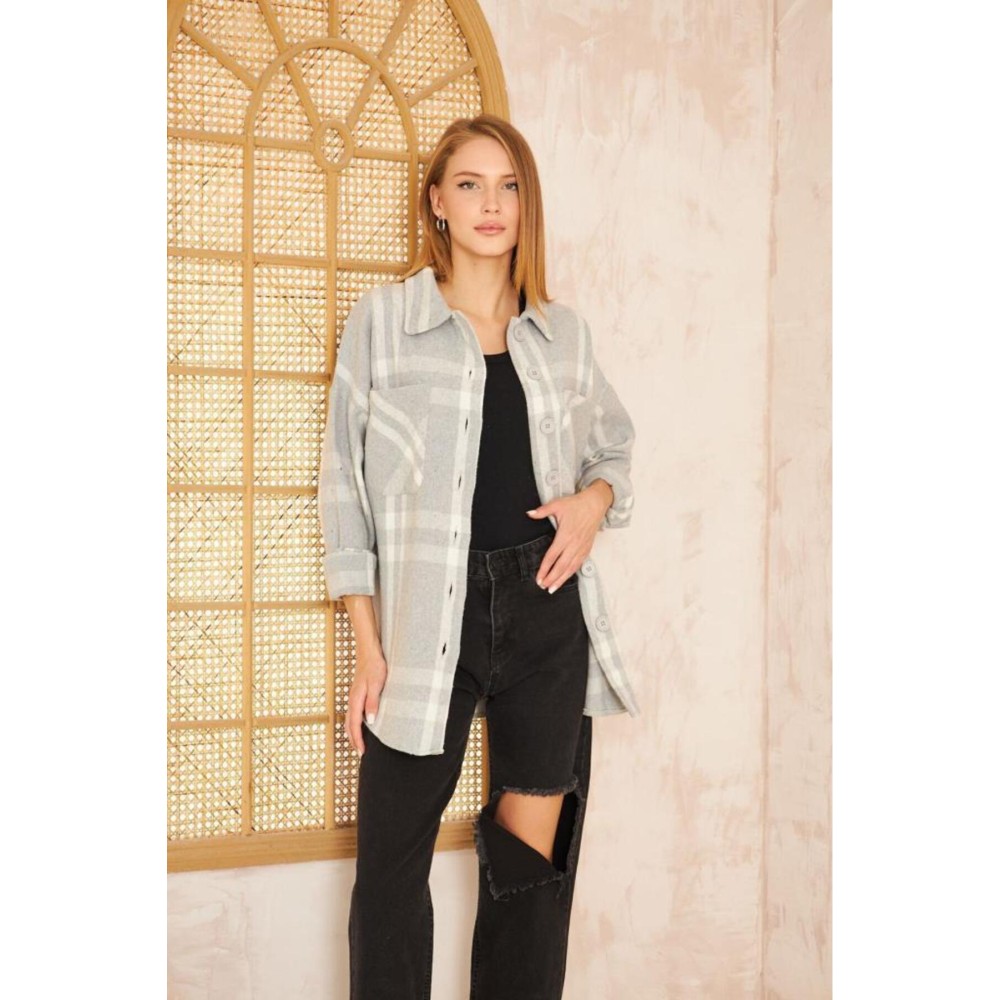 Pasaklı Giyim Pasaklı Giyim Kadın Kaşe Ekose Oduncu Gömlek Açık Gri - Premium Kadın Giyim