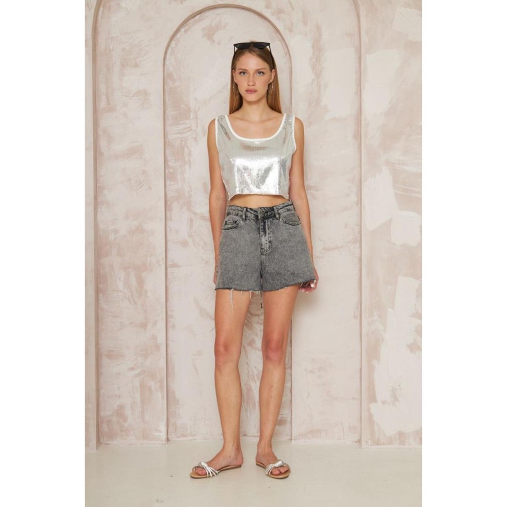 Pasaklı Giyim Pasaklı Giyim Kadın Pullu Payet Crop Bluz Ekru - Premium Kadın Giyim