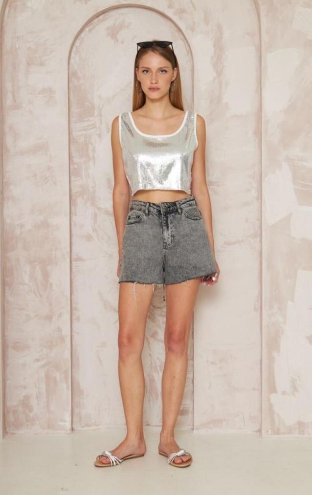 Pasaklı Giyim Kadın Pullu Payet Crop Bluz 3643150 Ekru