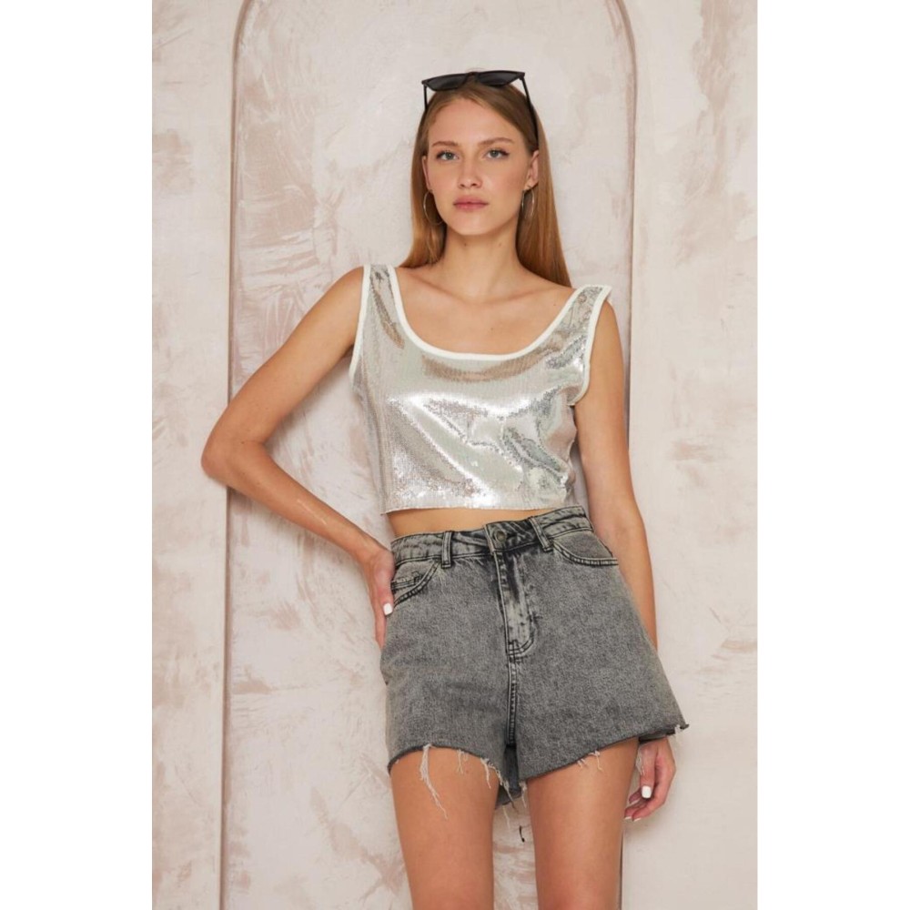 Pasaklı Giyim Pasaklı Giyim Kadın Pullu Payet Crop Bluz Ekru - Premium Kadın Giyim