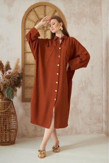 Pasaklı Giyim Kadın Oversize Yarasa Kol Tesettüre Uygun Gömlek Elbise-Tesettür Tunik 3282528 Kiremit