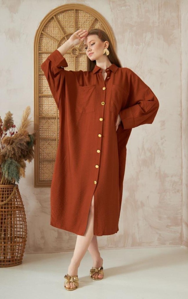Pasaklı Giyim Kadın Oversize Yarasa Kol Tesettüre Uygun Gömlek Elbise-Tesettür Tunik 3282528 Kiremit