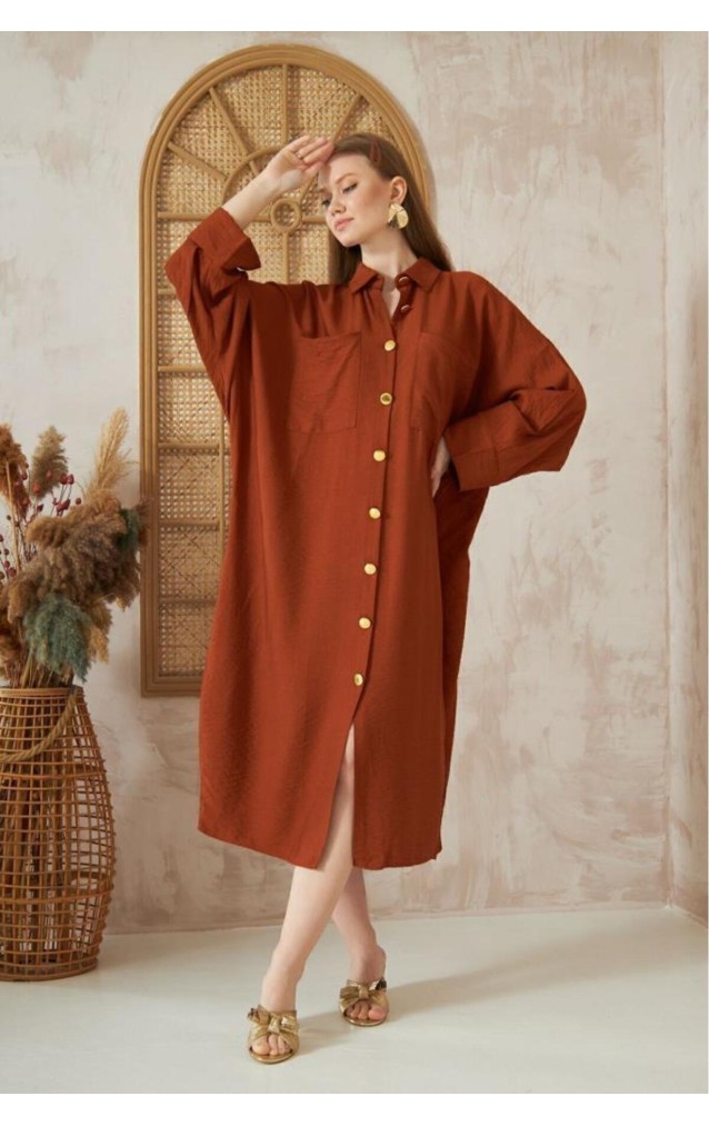 Pasaklı Giyim Kadın Oversize Yarasa Kol Tesettüre Uygun Gömlek Elbise-Tesettür Tunik 3282528 Kiremit
