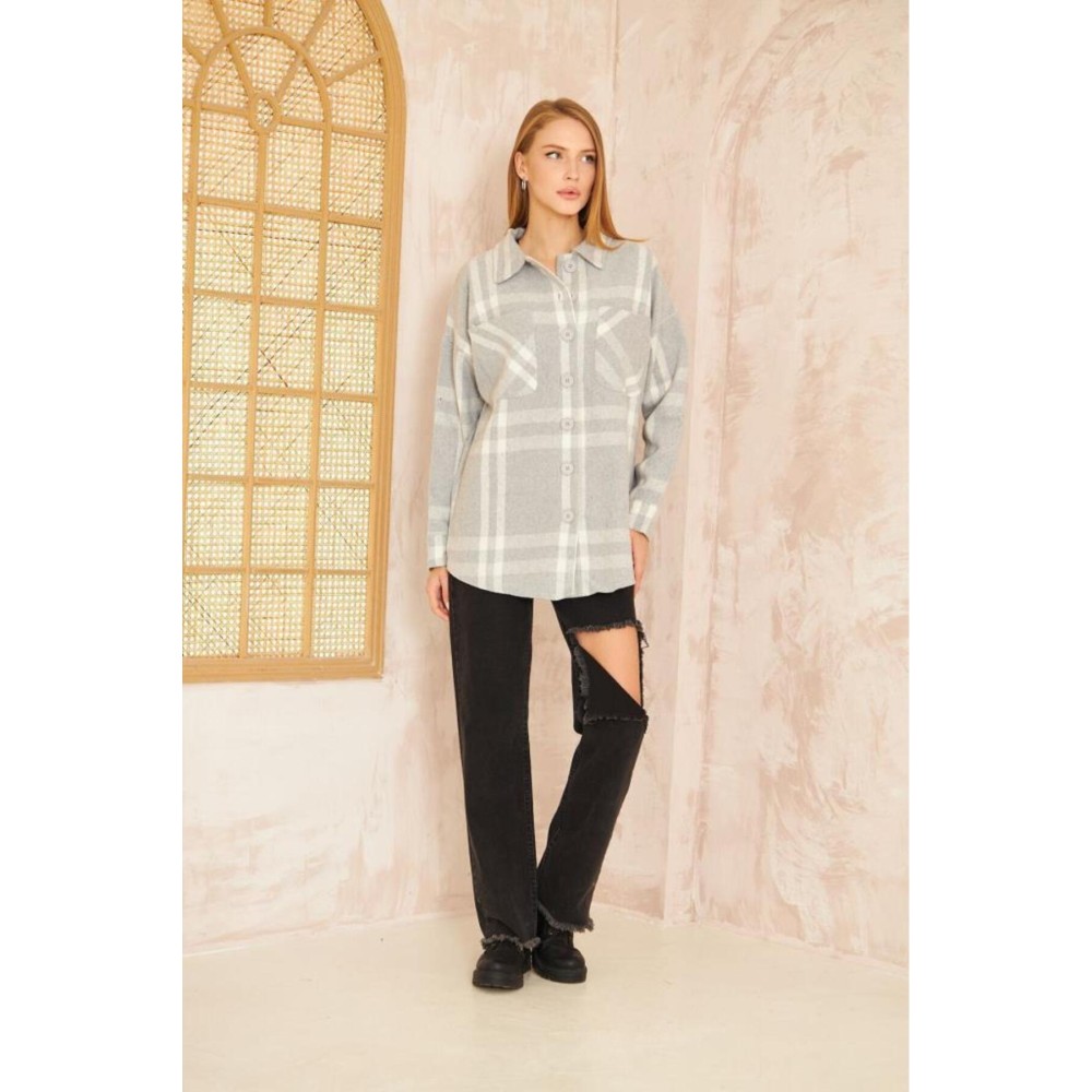 Pasaklı Giyim Pasaklı Giyim Kadın Kaşe Ekose Oduncu Gömlek Açık Gri - Premium Kadın Giyim