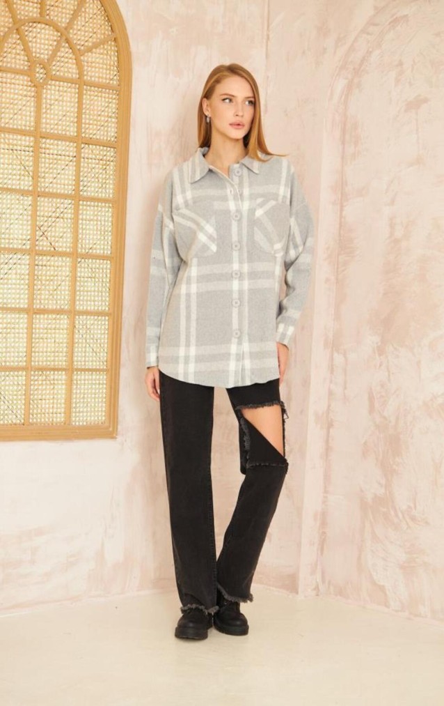Pasaklı Giyim Kadın Kaşe Ekose Oduncu Gömlek 3539363 Açık Gri
