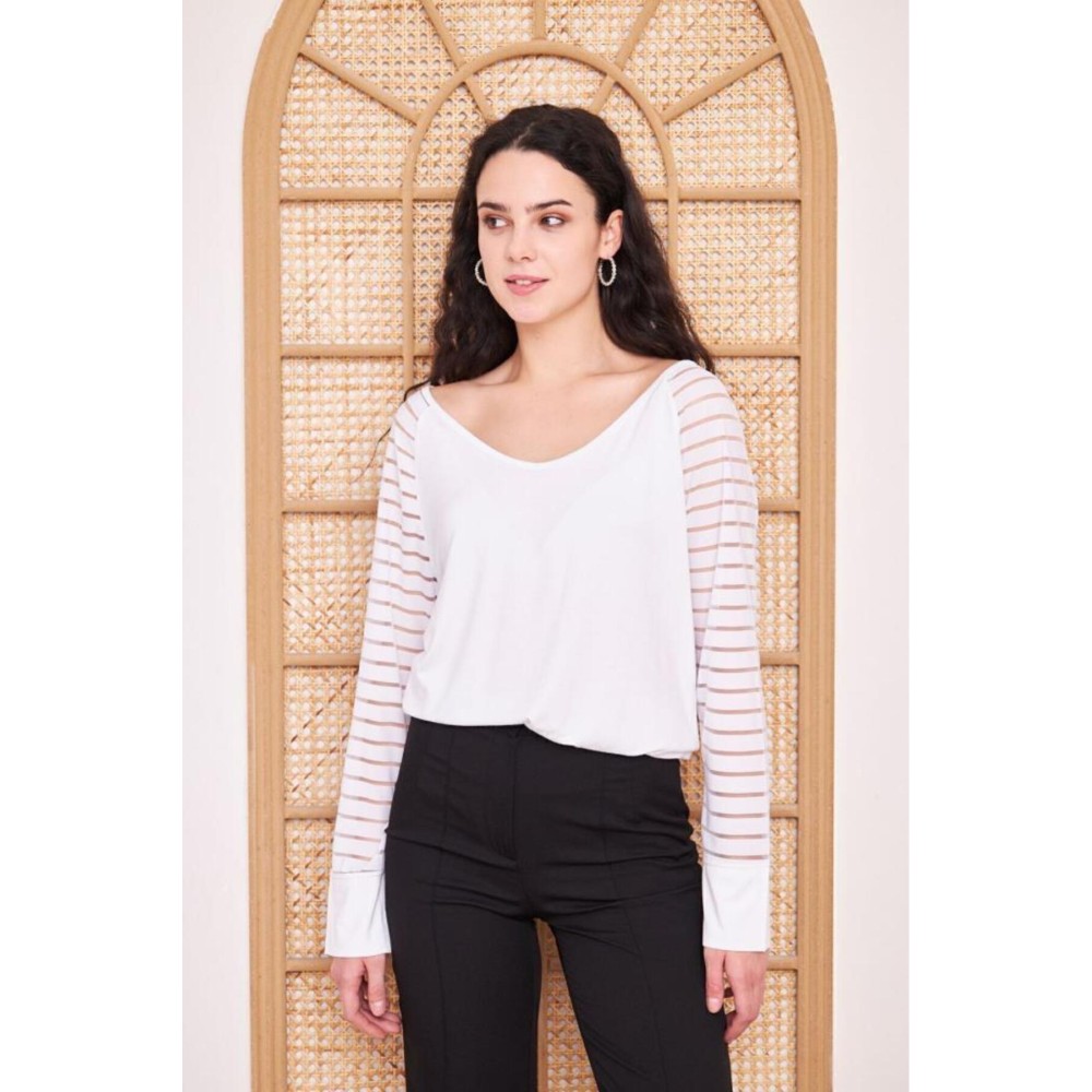 Pasaklı Giyim Pasaklı Giyim Kadın Kol Detaylı Bluz Beyaz - Premium Kadın Giyim